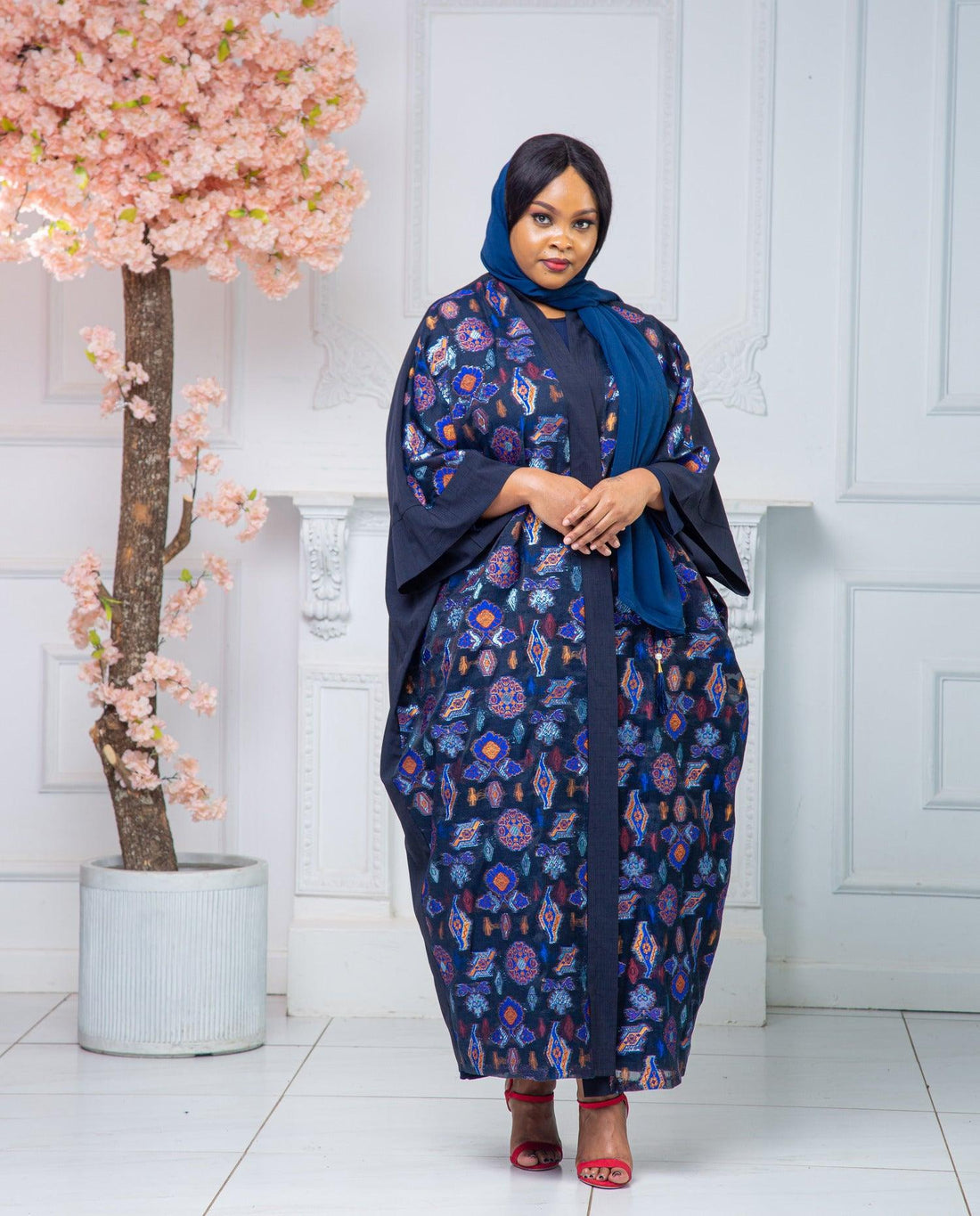 Bisht Floral Abaya -Navy Blue and Royal