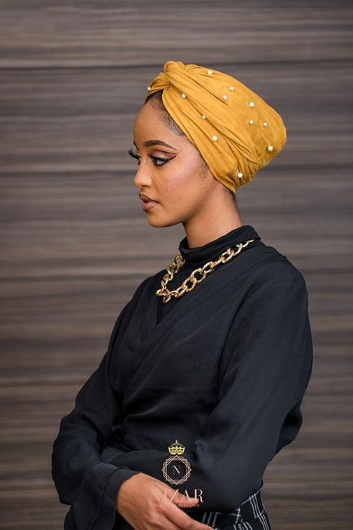 Suede Pearled Turban-Mustard