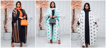 Three women modeling luxury abayas and hijabs in elegant floral-themed room setting