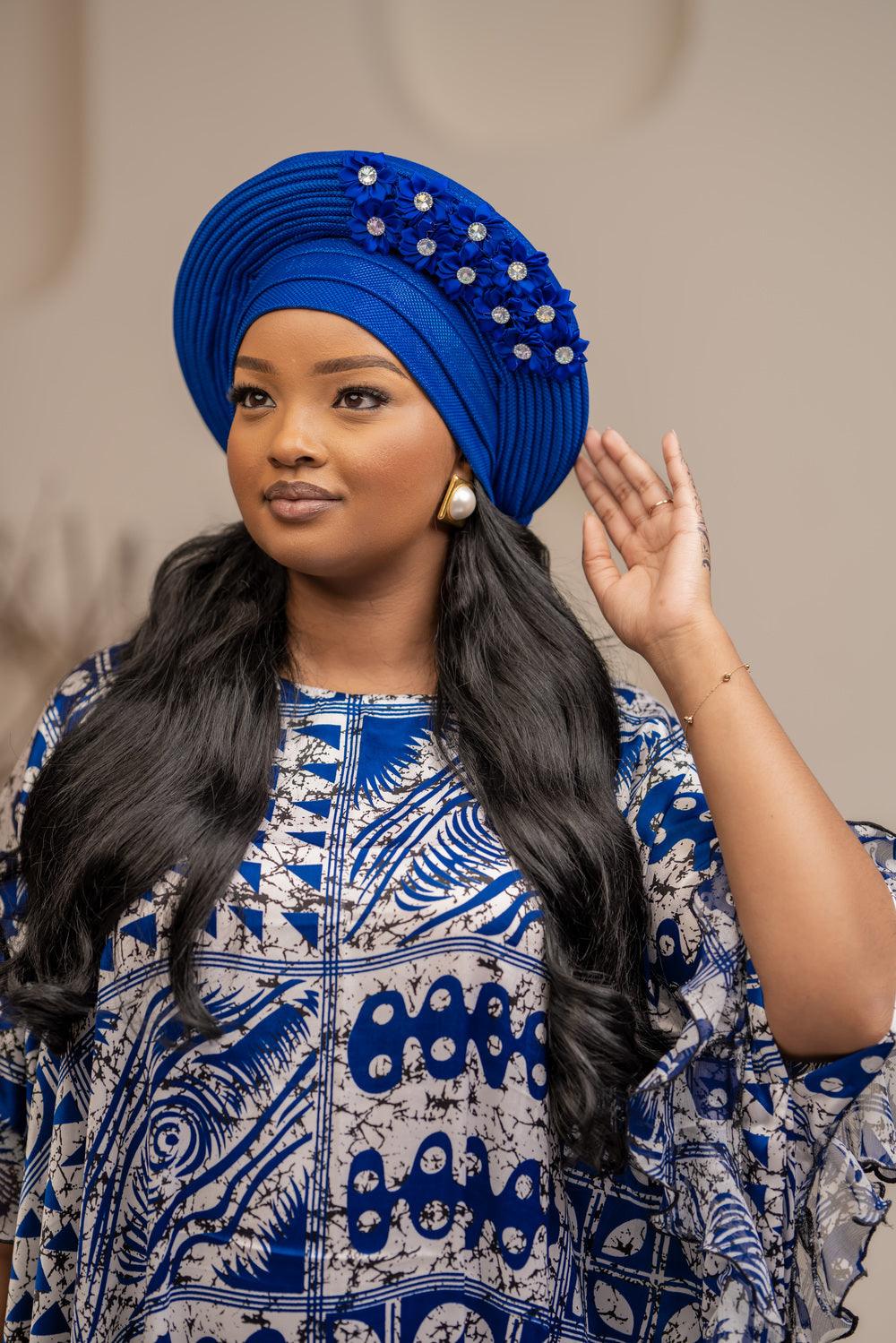 Floral rich wife turban -royal blue