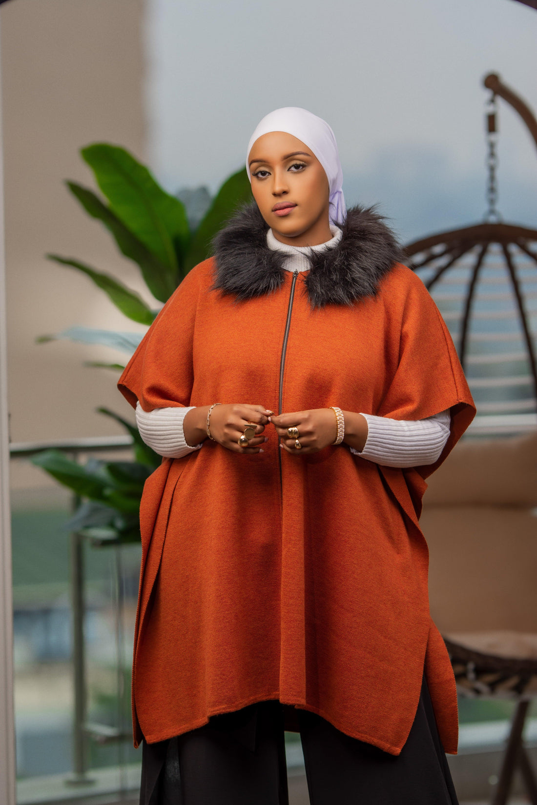 Burnt orange and Black Poncho