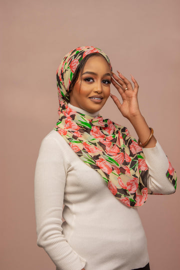 Floral green chiffon hijab