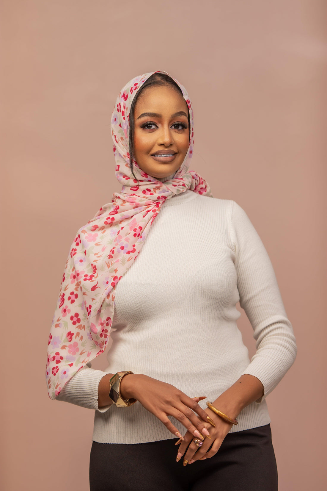 Floral pink chiffon hijab