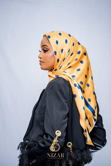 Polka Silk Mustard Square Hijab - Nizar's Line