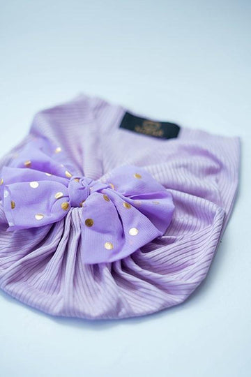 Lilac baby turban with gold polka dot bow, ribbed fabric, modest baby headwear