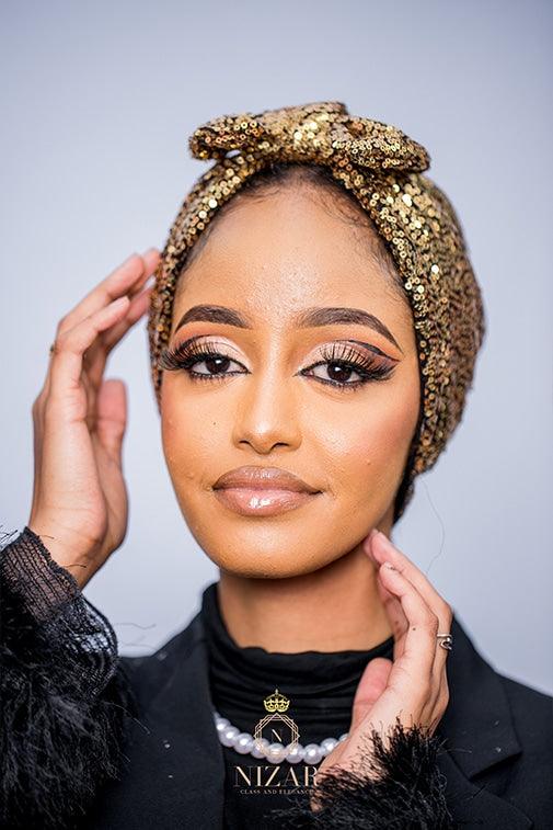 Sequin Turban With Bow-Gold