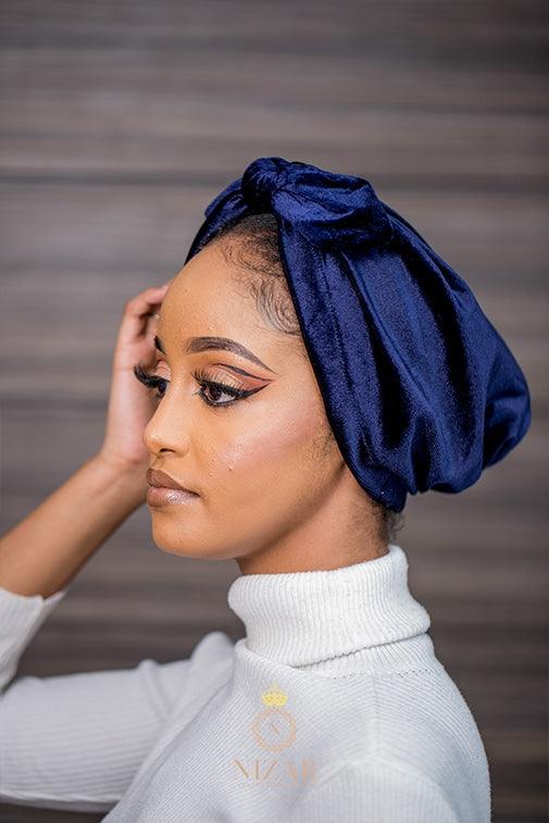 Velvet Turban with  A Bow -Navy blue