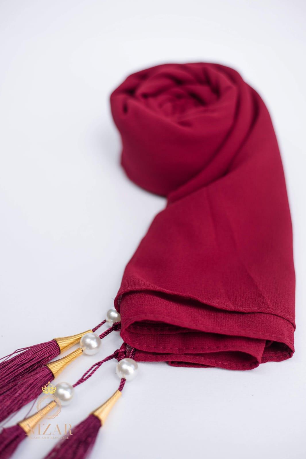Tassel Chiffon Hijab -Maroon