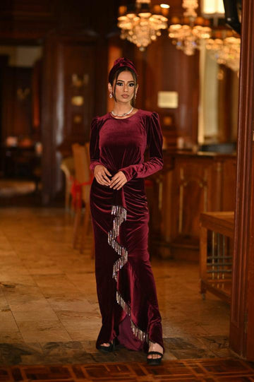 Velvet Collection -Zubeida Modest Dress- Maroon - Nizar's Line