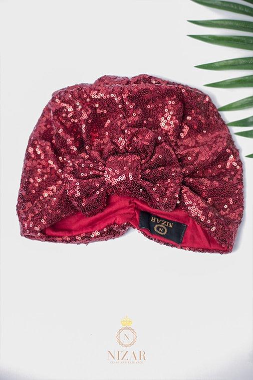 Sequin Turban With Bow-Maroon